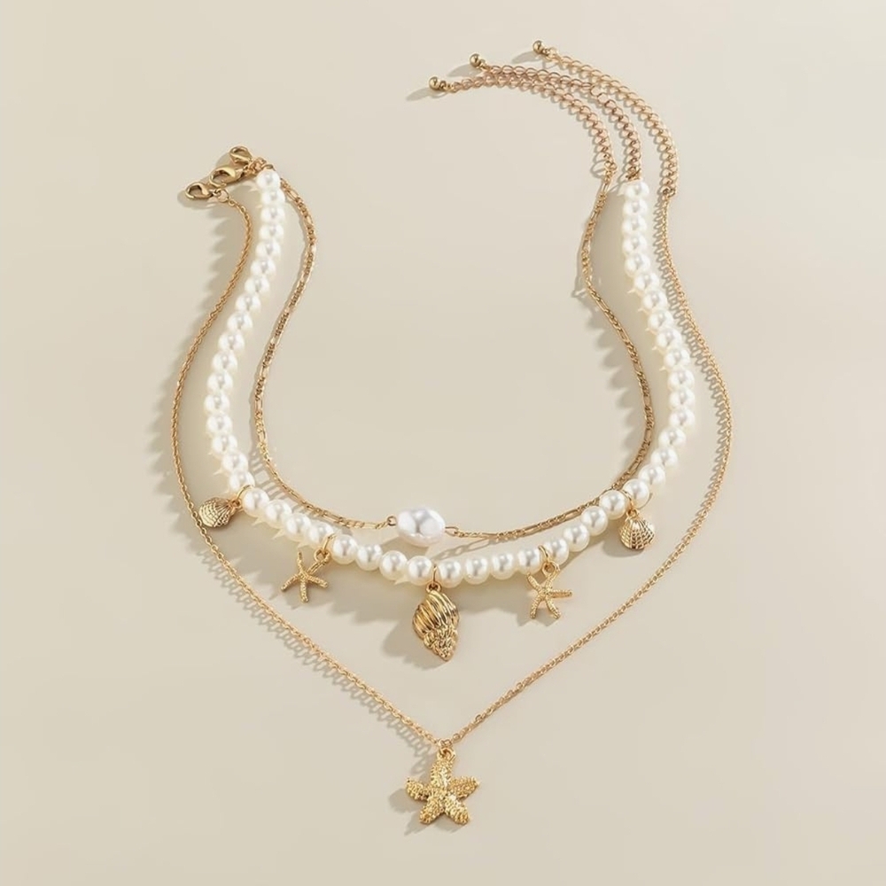 Gold and Pearl Layered Necklace Set‎